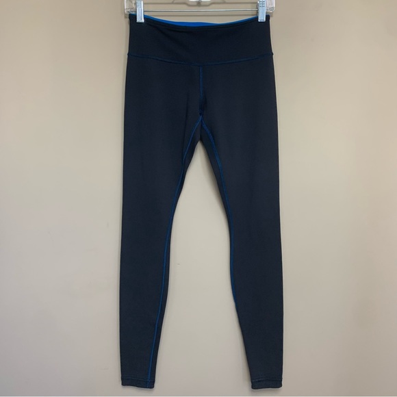 Lululemon Dark Gray Bright Blue Contrast Stitching Leggings - Picture 2 of 7